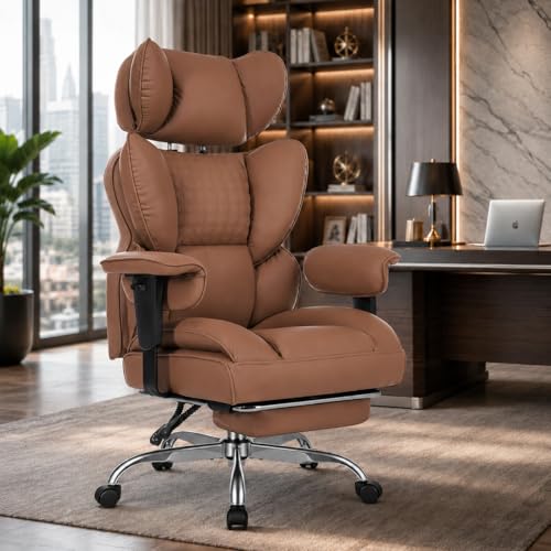 Image of Big and Tall Office Chair 350 LBS, Scratch-Resistant PU Leather Executive Office Desk Chair with Footrest, Ergonomic Reclining Computer Chair with Pocket Spring Support for Home Office, Brown