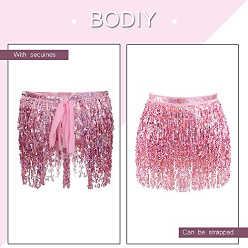 Bodiy Belly Dance Hip Skirt Sequin Hip Scarf Tassel Fringe Skirts Rave Outfit Party Body Jewelry For Women And Girls (Us 10-16 (M), F Pink) #TOP2