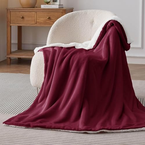 Image of Bedsure GentleSoft Sherpa Fleece Twin Size Blanket for Couch, Non-Heated, Thick and Warm Throw for Girls and Women, Soft Fuzzy Plush Twin Blanket for Winter, Burgundy, 60x80 Inches
