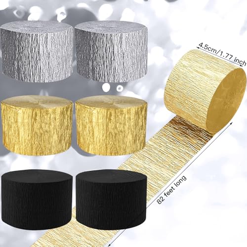Image of PheiLa Crepe Paper Streamers 6 Rolls 492ft, Black and Gold Crepe Paper Graduation Party Decorations DIY Gift Wrapping Birthday Holiday Party Decor, 1.77 Inch x 82 Ft /Roll