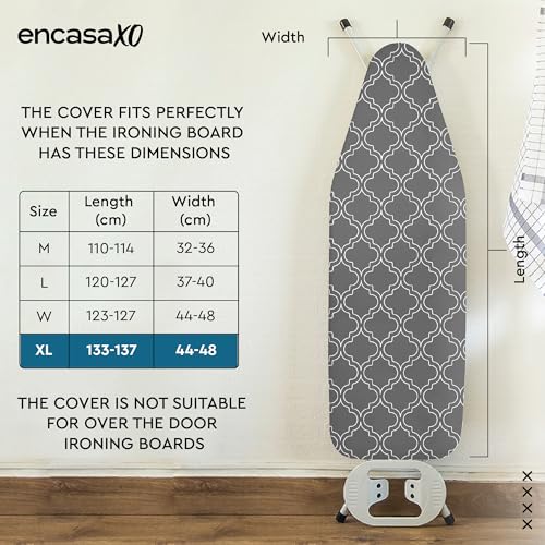 Image of Encasa XO Homes Ironing Board Cover With 3Mm Thick Felt Pad For Steam Press(Fits Standard X-Large Boards Of 135X45 Cm)Heat Reflective,Scorch&Stain Resistant,Printed-Grey Tiles