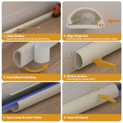 Image of ZhiYo 34in Cord Hider for 2-4 Wall-Mounted TV Wires, 1.4 inch W x 0.7 inch H, Beige | Split-Hinge Design for Easy Installation, Half-Round Glazed Finish Ideal for Wall /Baseboard, Self-Adhesive, 2 Pack (17 inch Each)