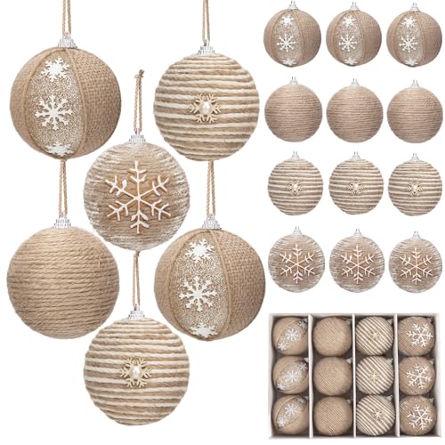 Amandir 12PCS Farmhouse Christmas Ball Ornaments 70mm/2.76" Boho Neutral Burlap Rustic Christmas Ornaments Shatterproof Jute Rope Hanging Christmas Tree Decorations for Xmas Party Home Wreath Decor