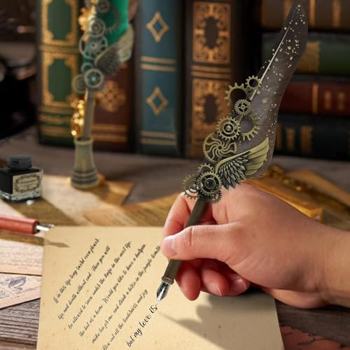 Image of PLUSPOINT Vintage Quill Feather Pen and Ink Set, Elegant Writing Luxury Fountain Calligraphy Ink Pen Set with Wax for Stamp Retro Decor Dip Pen Office Stationery Corporate Gifting for Signature, Black