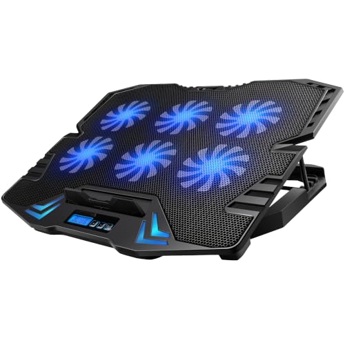 Image of Bonkaso Laptop Cooling Pad for Up to 15.6 Inch Laptops, 6 Blue LED Fans, 1900 RPM, Digital Display, 2 /4 /6 Fan Modes, 5-Level Adjustable Stand, Dual USB Extension, Iron Mesh, 21 dBA