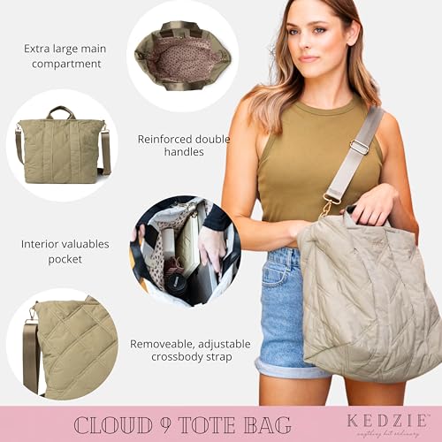 Image of KEDZIE Cloud 9 Quilted Puffer Tote Bag Crossbody Purse for Women - Sage