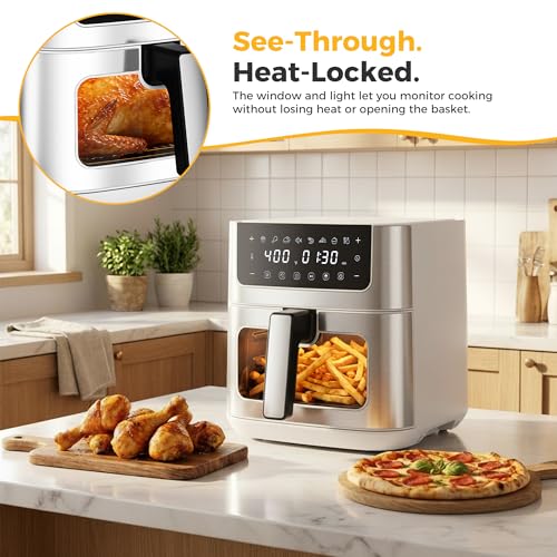 Image of NEWBULIG Air Fryer 6.34QT Airfryer with Visible Window 400℉ Fast Heating Stainless Steel Air Fryers Oven with Nonstick and Dishwasher-Safe Basket 8-in-1 Cooking Preset with Timer Auto-Off