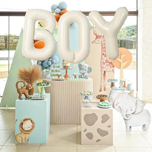 Image of 40 Inch Beige BOY Balloons, Large Cream White Sand BOY Balloon Letters with Ribbon, Ivory Alphabet Boy Balloon for Him Birthday Baby Boys Shower Boy or Girl Gender Reveal Party Decorations Supplies