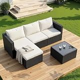 Shintenchi 4 Pieces Patio Furniture Set, 2-in-1 Convertible Sectional Sofa & Chaise Lounge, All-Weather Wicker Rattan Sofa Couch with Cushions & Coffee Table for Yard, Garden, Porch, Poolside (Beige)