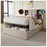 Wyibwy Cama Individual con Carga inalámbrica USB C, Lino Natural (sin colchón)