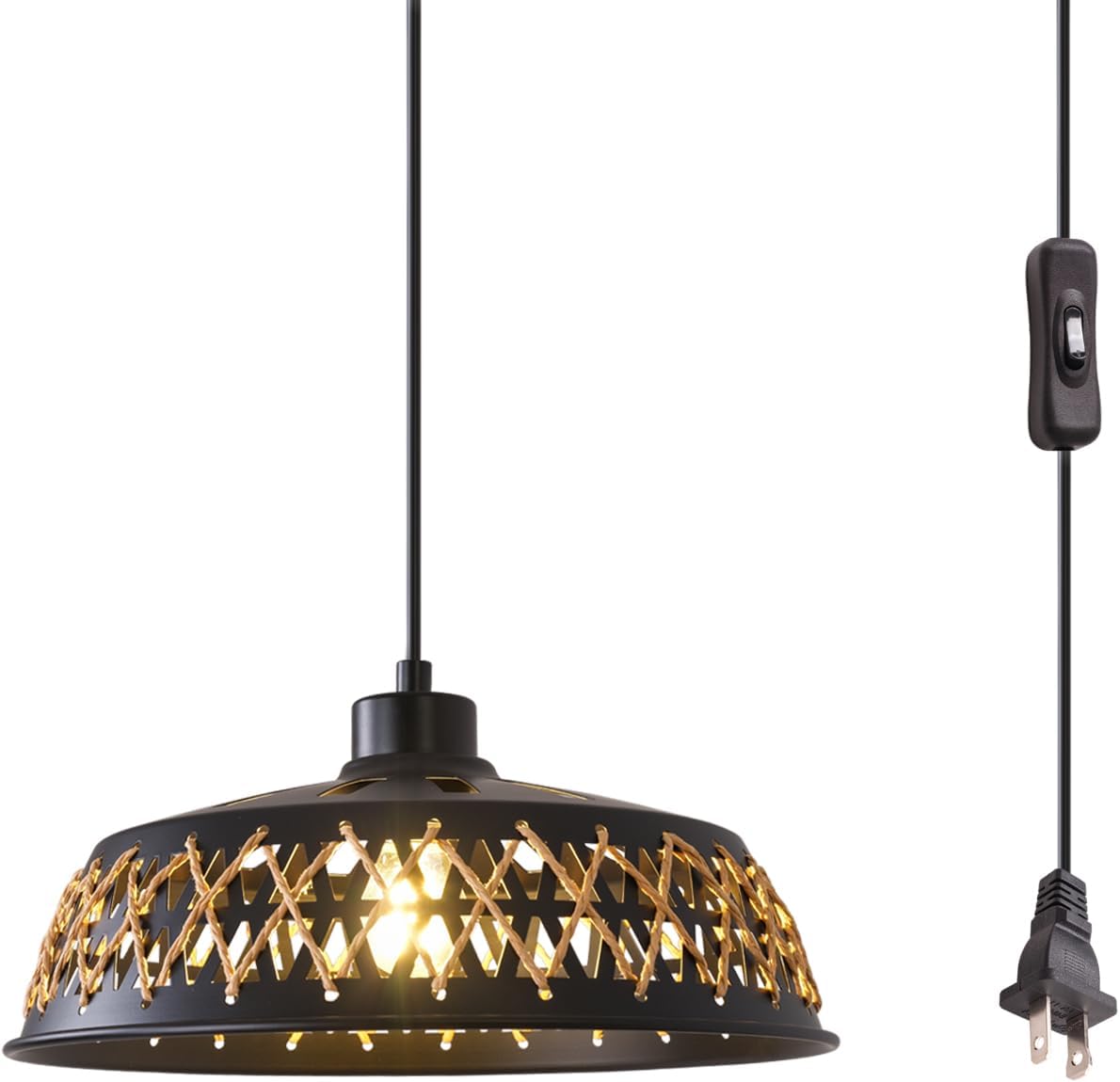 Plug in Pendant Light Industrial Hanging Light with Plug in Cord On/Off Switch Farmhouse Ceiling Lamp Vintage Chandelier Lighting Fixture Lamps Metal with Rattan Lampshade for Kitchen Island Bedroom