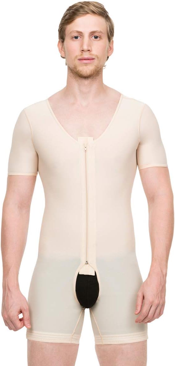 Isavela Mens Body Suit with Above Elbow Sleeves and Center Front Zipper