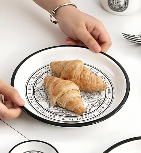 Image of Ceramic Pasta Plate, 20.4 cm, Black & White Floral, Pack of 2 | Porcelain Dinner Plates, Microwave & Dishwasher Safe, Food Grade Ceramic