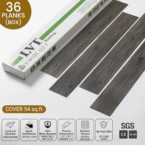 Image of Waterproof Peel and Stick Floor Tile, 54 Sq.Ft Dark Grey Vinyl Wood Flooring, Easy DIY-Install & Durable for Kitchen, Bedroom, Bathroom, RVs, Rental-Friendly (36-Planks 6 inchx36 inch)