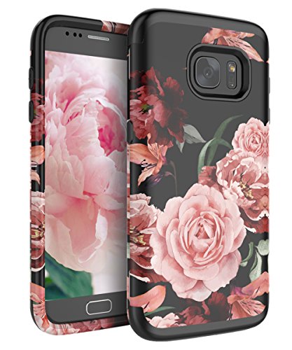RabeMall Samsung Galaxy S7 Case Unique Pretty Flowers for Girls/Women Anti-Fingerprint Three Layer High Impact Resistant Hybrid Shockproof Protective Cover,Floral Black