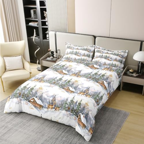 jejeloiu Elk Printed Bedding Set Wild Animal Pattern Cotton Duvet Cover Set Queen Size for Kids Adults Christmas Theme Comforter Cover Set Winter Nature Tree Deer Room Decor Quilt Cover 3Pcs