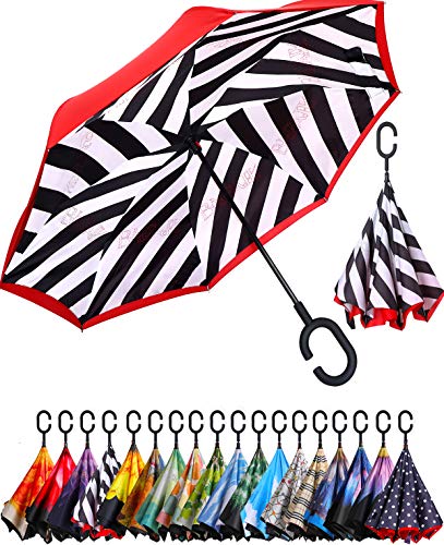 BAGAIL Double Layer Inverted Umbrella Reverse Folding Umbrellas Windproof UV Protection Big Straight Umbrella for Car Rain Outdoor with C-Shaped Handle (Stripe)