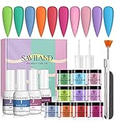 19Pcs Saviland Dipping Powder Liquid Set - 10 Bright Colors Dip Powder Nail Set with Base Top Coa...