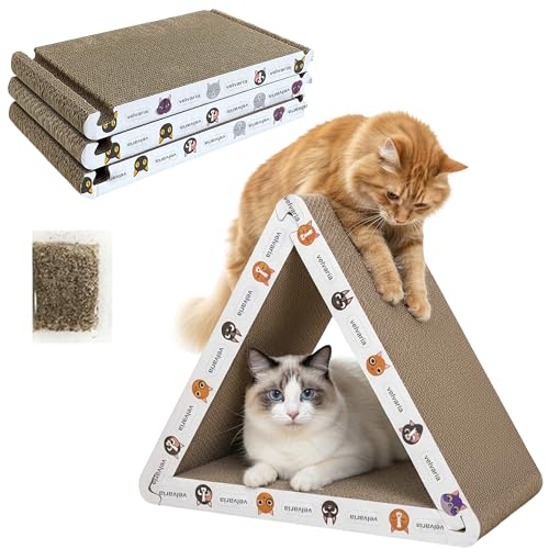 Velvaria Cat Scratching Board Assemblable triangle 3pcs Cardboard Cat Scratcher with Catnip Reversible Indoor Furniture Protector for All Cats