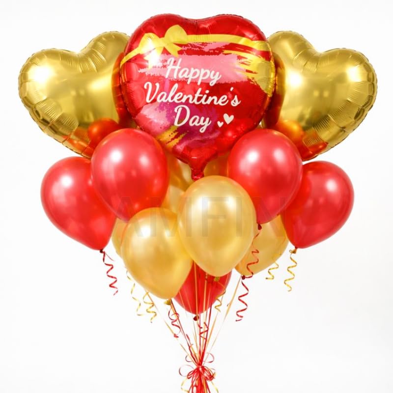 Image of AMFIN (Pack of 9) Happy Valentine's Day Balloon Decoration Set | Romantic Heart Foil Bouquet Metallic Helium Bunch Proposal Anniversary Celebration Party Decor - Red Gold