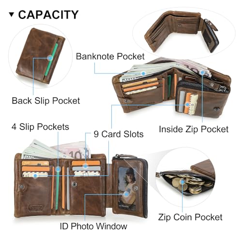 Contacts Crazy Horse Leather Wallet for Men Travel Bifold Wallets Trifold Purse Vintage Card Holder Zipper Coin Pocket with 13 Card Slot4