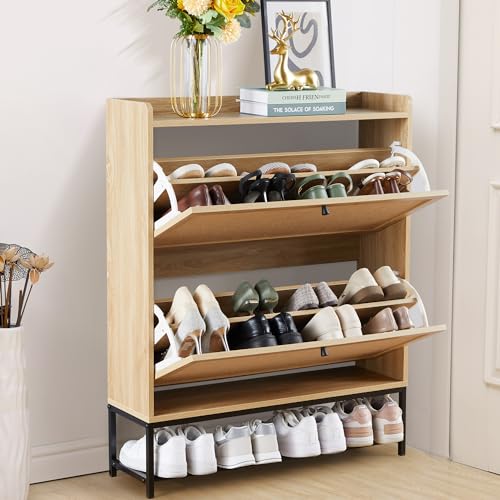 LEVNARY Zapatero con 2 cajones abatibles, zapateros estrechos de madera, organizador de zapatos oculto independiente con patas de metal para pasillo, entrada, hogar (1, roble natural)