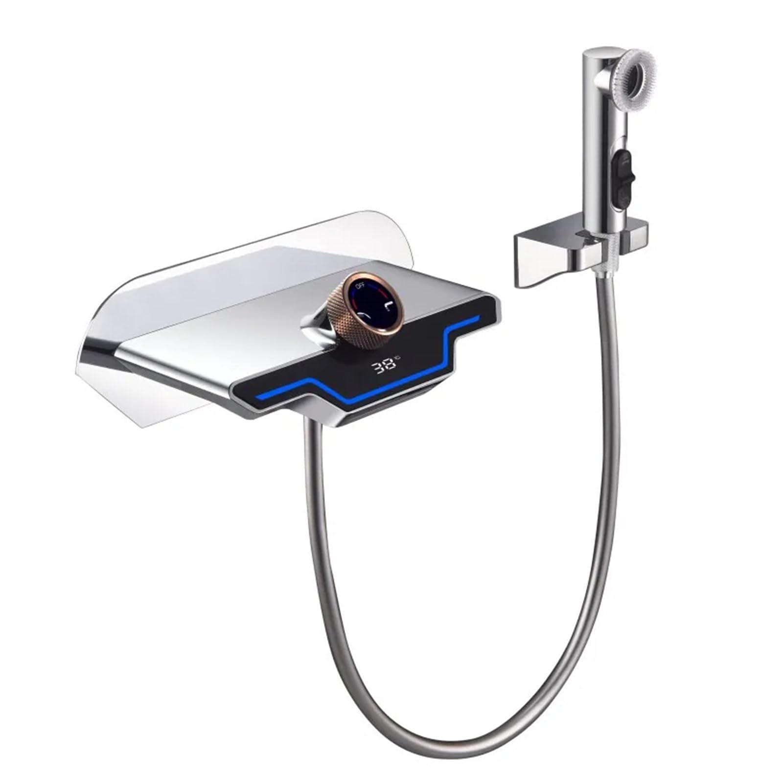 SWENEEN Modern Wall Mounted Bathtub Faucet With Handheld Shower Waterfall Tub Faucet With Temperature Display & Ambient Light Single Handle Bathroom Mixer Tap With Handshower Sys,Silver