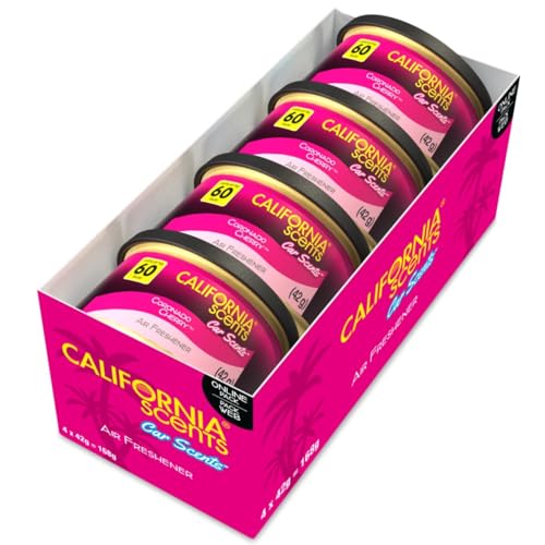 California Scents, Boite de Parfum Voiture, Lot de 4 Désodorisants Voiture Parfum Cerise Coronado, Accessoire Voiture pour Éliminer Les Odeurs, Senteur Longue Durée et Ajustable