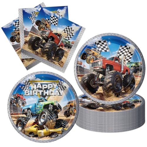 Senliart 40Pcs Monster Truck Party Decorations Monster Theme Birthday Plates and Napkins Supplies Truck Birthday Party Decorations