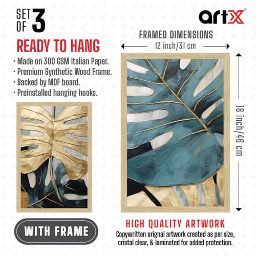 Image of ArtX Paper Abstract Leaf Paintings For Wall Decoration, Home Decor Wall Art, Hotel Wall Painting for Living Room, Multicolor, Natural Wood Color Frames, 12x18 inch, Set of 3