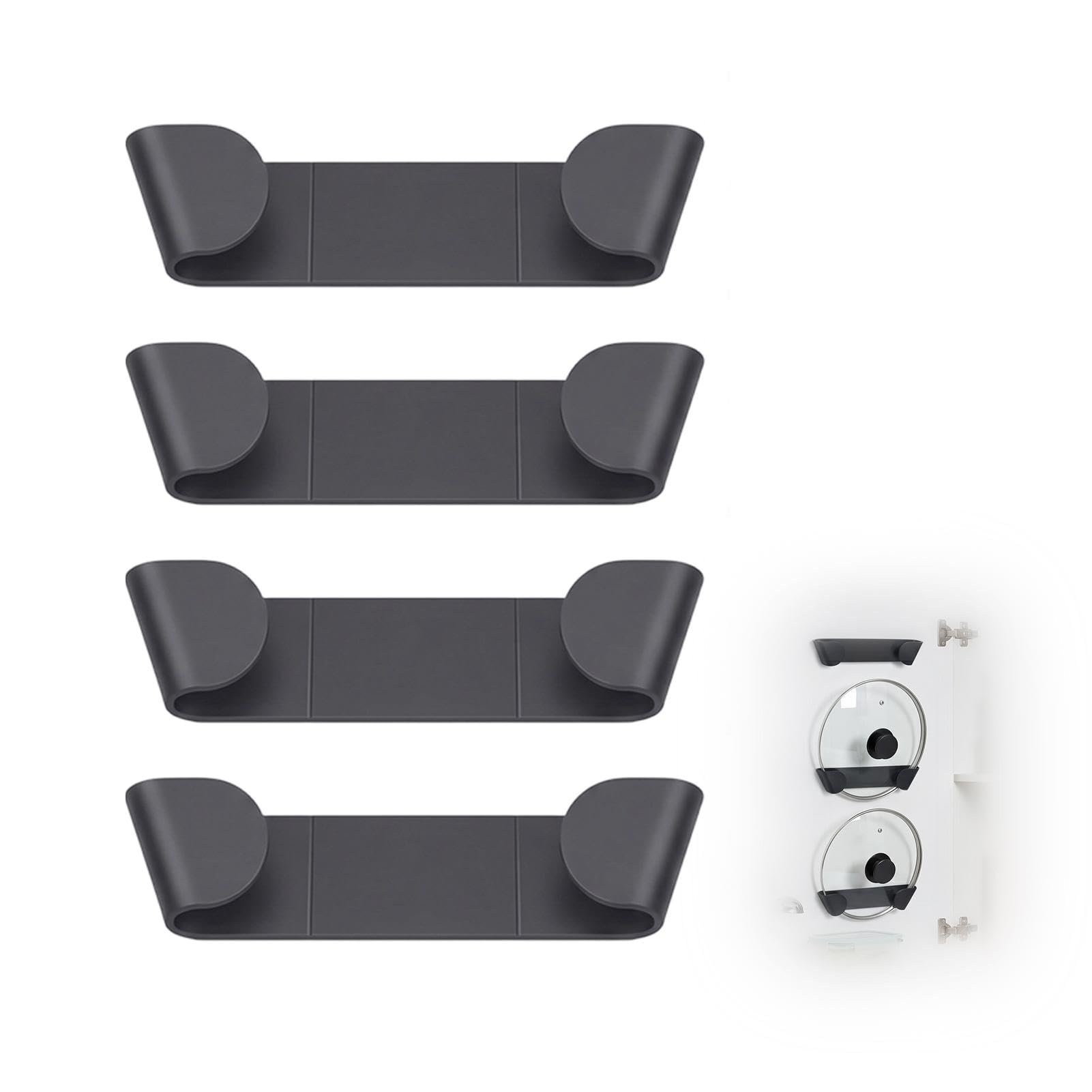 SRLWMYI Set of 4 Pot and Pan Lid Holders, Self-adhesive saucepan lid storage Storage Organiser, Suitable for Lids Up to 19 cm, Strong Tape Included, Black - Kitchen Lid Organiser for Pan Storage