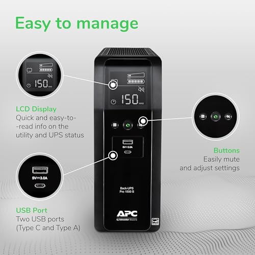 Image of APC UPS Back-UPS Pro 1500VA Sinewave UPS, 900W Battery Backup & Surge Protector, AVR, 10 Outlets, LCD, USB-C & USB-A Charging Ports, BR1500MS2 Uninterruptible Power Supply for Computers, Electronics
