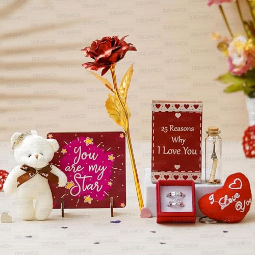 Dreamica Artificial Rose with a Standee, Message Bottle, Teddy, Couple Ring, Reasons Why I Love you Cards and a Keyring | Best Gift Combo For Husband, Wife, Boyfriend, Girlfriend |