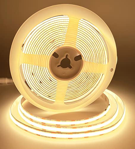 PISIN 12V COB LED Strip Light Warm White 3000K IP20 Uniform Light Emitting 480LEDs/M 16.4FT/5M CRI90 Flexible Can be Cropped LED Light Strip Cabinet Home DIY Lighting Projects (Warm White 3000K)