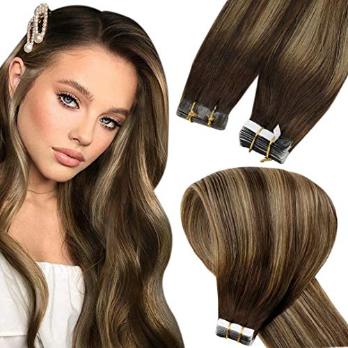 LaaVoo Human Hair Tape in Hair Extensions Balayage Double Side Tape in Brown Extensions Balayage Dark Brown Ombre Caramel Blonde Seamless Tape in Human Hair Extensions Remy Thick End 16” 20pcs 50g