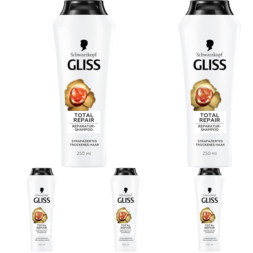 Gliss Shampoo Total Repair (250 ml), Haarshampoo mit flüssigem Keratin & Blüten-Nektar, Pflegeshampoo für trockenes und geschädigtes Haar reduziert Haarbruch (Packung mit 5)