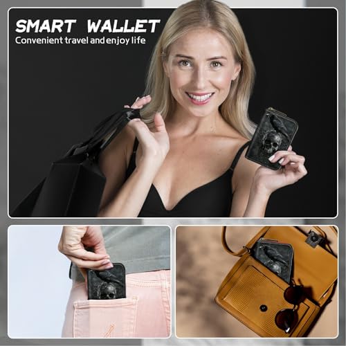 Image of Cute Credit Card Holder with Zipper, Crow Skull RFID-Blocking Card Case Small Wallet for Women Men, Multi-slot Card Organizer Case Travel Accordion Wallet