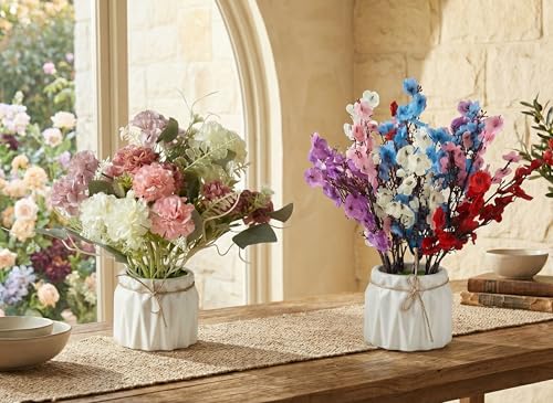 Image of Dekorly Artificial Lavender Plant in White Pot, 18cm - Realistic Faux Flower Arrangement for Home & Office Decor (Set of 1) (2, Combo of Baby Breath and Small Chrysanthemum)