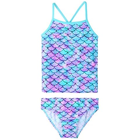 TFJH E Girls Tankini Swimsuits Rashguard Set 2-Pieces Strap Basic Beachwear Scale Cyan 10A Cover