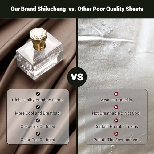 Image of Shilucheng 4 Piece King Sheet Sets, Cooling Sheets, Blend Rayon Derived from Bamboo, Deep Pocket Up to 16 inch, Breathable & Soft Bed Sheets, Hotel Silky Bedding Set, Brown