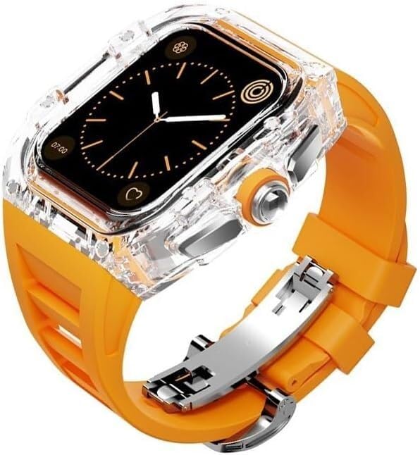 SCHIK Funda transparente para reloj con kit de modificación de correa de goma de flúor, para Apple Watch de 45 mm, 44 mm, kit de modificación estilo RM, para iWatch Series 8, 7, 6, 5, 4, SE Series,