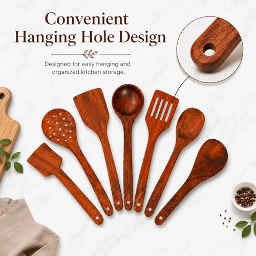 Image of SIGNAMIO 7-Piece Wooden Spatula Set for Cooking, Natural Sheesham Wood Kitchen Utensils Set, Non-Stick Safe Cooking Tools, Turner, Ladle, Slotted Spatula & Serving Spoon Set for Kitchen