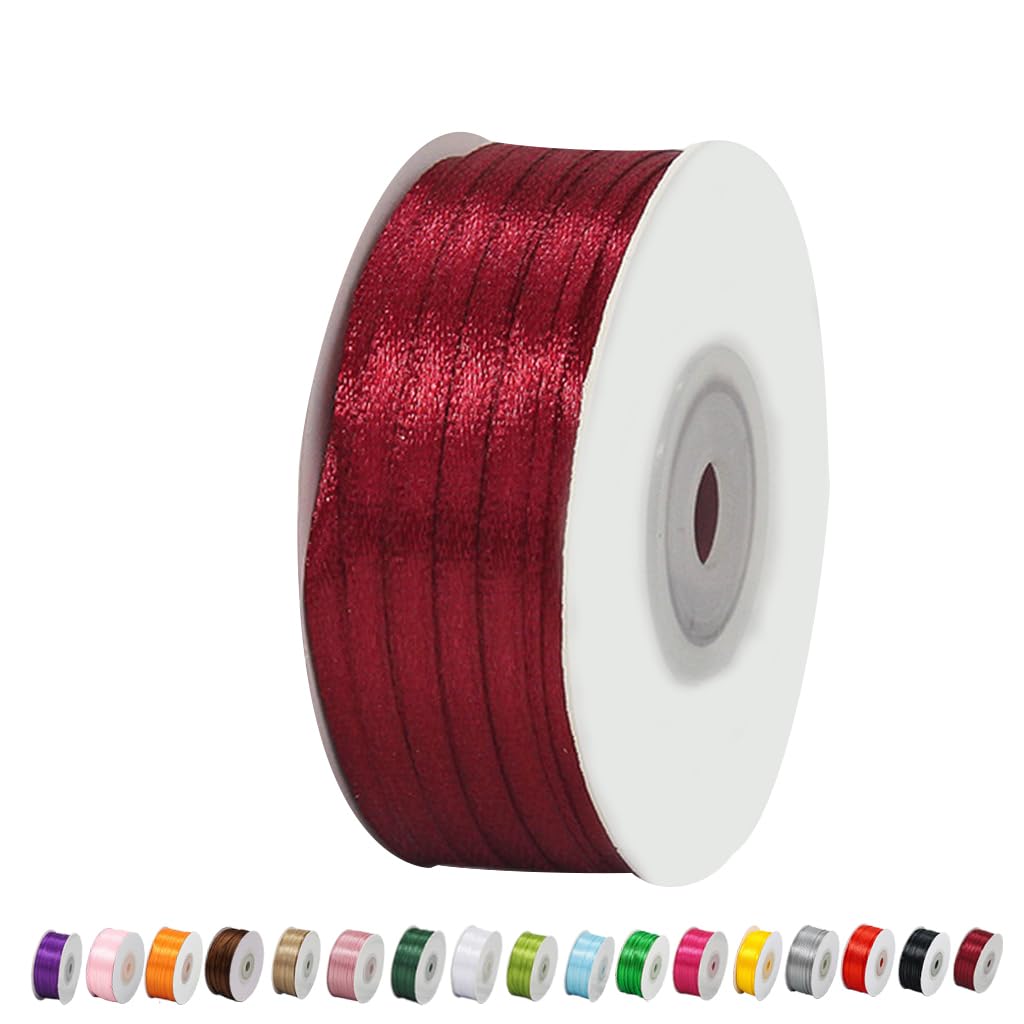 Thin Wine Red Satin Ribbon 0.3cm, 91m for Gift Wrapping, Balloon, Cake, Silk Thick for Crafting, Christmas, Union Jack British, Hair Bows, Decoration