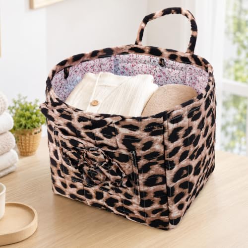 Image of Quilted Fabric Basket Foldable Car Storage Boho Floral Laundry Basket Hamper for Nursery Bedroom & Living Room | Organize Clothes Toys (Leopard)