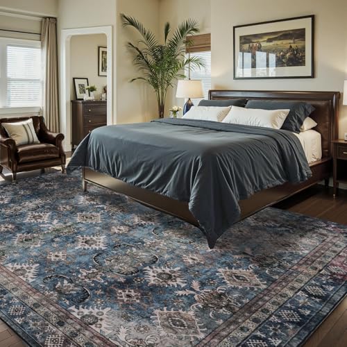 Arvenchy Washable 8X10 Area Rug: Blue Rugs for Living Room Dining Room Office Indoor - Vintage Large Stain Resistant Carpet with Non-Slip Home Decor Floor Decoration - Navy Blue Arvenchy Washable 8X10 Area Rug: Blue Rugs for Living Room Dining Room Office Indoor - Vintage Large Stain Resistant Carpet with Non-Slip Home Decor Floor Decoration - Navy Blue