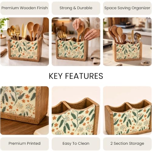 Image of The Earth Store Wooden Floriva Cutlery Holder 2 Division | 6 Inch White & Brown Cutlery Organizer | Spoon & Utensil Stand for Kitchen Counter, Dining Table & Table Top Storage