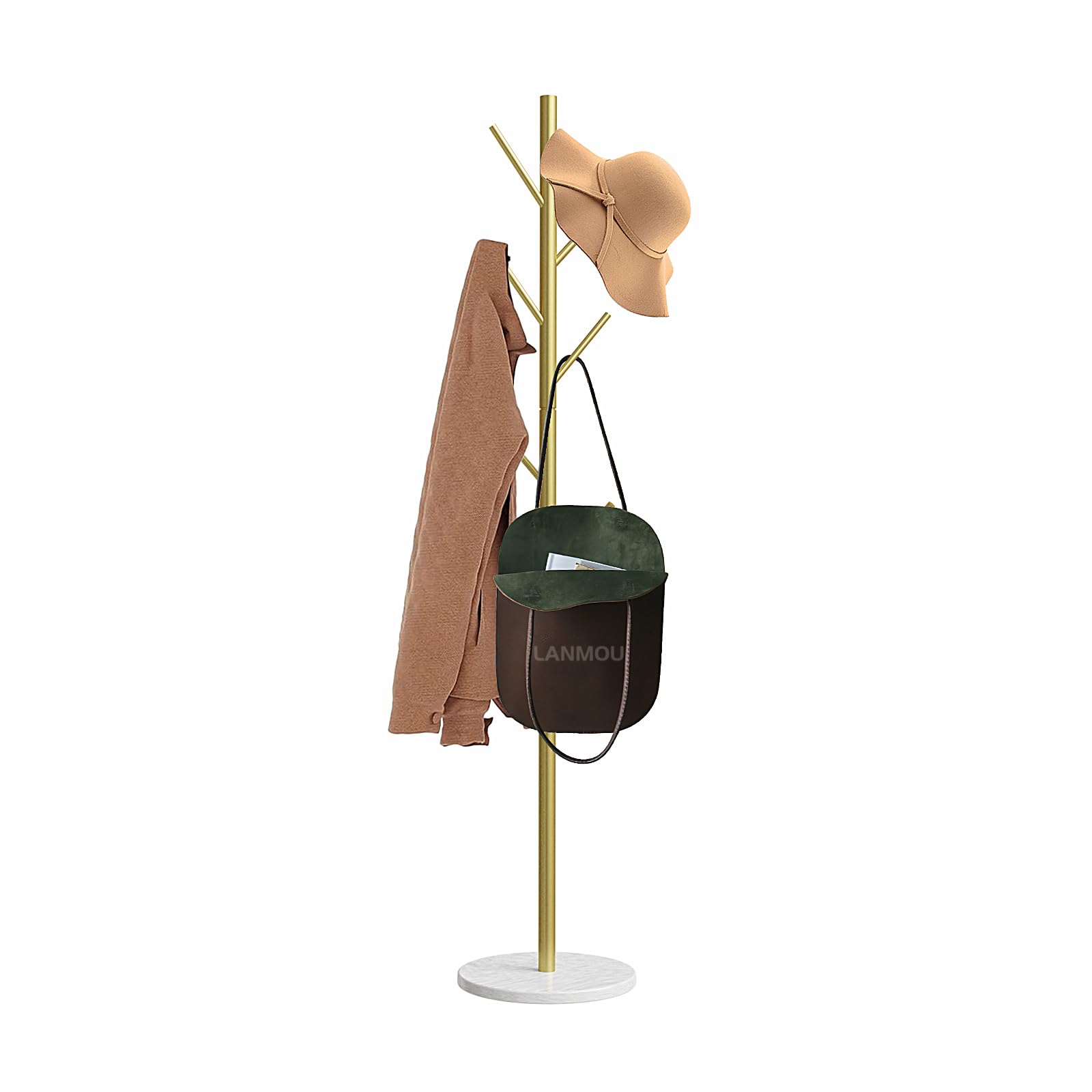 Perchero, Perchero de pie de Metal con Base de Mármol Estable, Oro, 7 Ganchos para Abrigo, Sombrero, Bolso, para Entrada, Pasillo, Dormitorio o Recibidor, H 170cm