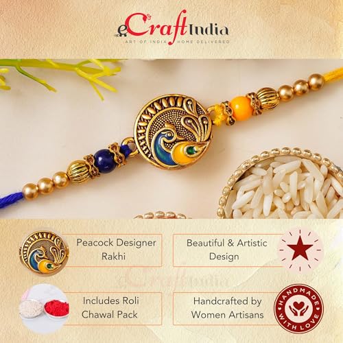 Image of eCraftIndia Peacock Designer Rakhi for Brother with Roli Chawal Pack | Mor Pankh Rakhi for Bhaiya Bhai