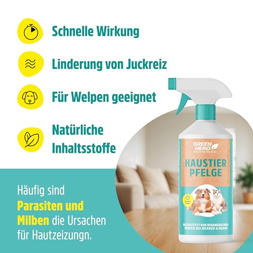 Green Hero Mittel gegen Juckreiz bei Milben 500 ml für Hunde & Katzen | Haustierpflege Spray unterstützt den Regenerationsprozess bei Grasmilben Milben Räude Reizungen Läusen Anti Juckreiz