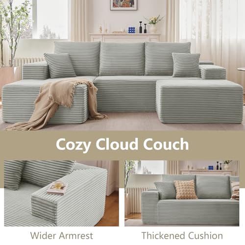 Image of Lakifun 107 inch L-Shape Sofa with Ottoman, Modern Modular Sectional Comfy U-Shape Cloud Couch, Deep Seat, Upholstered Corduroy Sleeper Chaise Longue for Living Room Bedroom, No Assembly Required, Grey